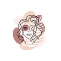 Trend portrait of a woman with palm leaves and abstract spots of different skin tones. Hand drawn minimalistic lines