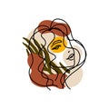 Trend portrait of a woman with palm leaves and abstract terracotta, beige and yellow spots. Hand drawn minimalistic