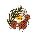 Trend portrait of a woman with palm leaves and abstract terracotta, beige and yellow spots. Hand drawn minimalistic