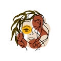 Trend portrait of a woman with palm leaves and abstract terracotta, beige and yellow spots. Hand drawn minimalistic