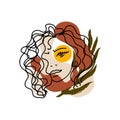 Trend portrait of a woman with palm leaves and abstract terracotta, beige and yellow spots. Hand drawn minimalistic