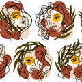 Trend seamless pattern with portraits of women with palm leaves and abstract terracotta, beige and yellow spots. Hand