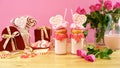 Valentine`s Day freak shakes with heart shaped lollipops and donuts.