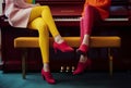 woman piano colourful legs red elegant fashion modern key trend young. Generative AI. Royalty Free Stock Photo