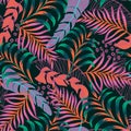 A trending abstract pattern with tropical leaves and flowers on a delicate pastel background. Vector design. Jungle print. Floral