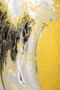 Trending colors of 2021. Flow of gray and black paint with yellow bubbles drops. Marble effect background or texture