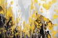 Trending colors of 2021. Flow of gray paint with yellow bubbles drops. Marble effect background or texture. Fluid Art