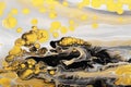 Trending colors of 2021. Flow of gray paint with yellow bubbles drops. Marble effect background or texture. Fluid Art