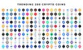 Trending 200 crypto coins. Digital cryptocurrency, DeFi, token icons set.