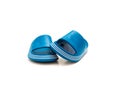 Trending cute pair of blue open toe pillow slide sandals for toddler non-slip foam slippers isolated on white Royalty Free Stock Photo