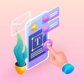 Trending 3D Isometric. Colorful cartoon illustration. Mobile app for reading books and editing text files. Vector icons