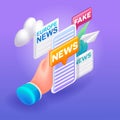 Trending 3D Isometric. Colorful cartoon illustration. Official news in the mobile app. Fakes, false information