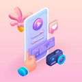 Trending 3D Isometric for website. Cartoon Illustration Mobile audio photo and video file editor. Support and like for