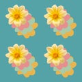 Trending flower collage: orange flower with pink, green and yellow shadow on Cadet Blue background.