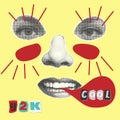 Trending halftone style collage square avatar. Smiling mouth, teeth, lips and cut out text . Punk y2k retro magazine