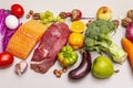 Trending paleo/pegan diet. Healthy balanced food concept. Set of fresh products, raw meat, salmon, vegetables and fruits Royalty Free Stock Photo