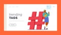 Trending Tags Landing Page Template. Man With Smartphone Near Huge Hashtag Sign Represents The Influence Of Social Media