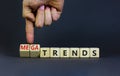 Trends or megatrends symbol. Businessman turns cubes and changes words trends to megatrends. Beautiful grey table, grey background