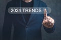 2023 trends search bar. Businesman hand touching 2023 trends search bar, banner, SEO, business trends planning. Man hand touching