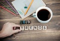 2019 Trends. Wooden letters on the office desk Royalty Free Stock Photo