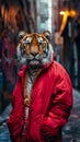 Trendsetting tiger in a bomber jacket, accessorized with gold chains, against a graffiti-filled Royalty Free Stock Photo