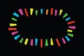 Trendy abstract colorful short thick lines spark empty emblem icon design element on black
