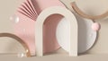 Trendy abstract 3D render beige and pink background with arch and spheres