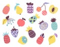 Trendy abstract fruits. Decorative contemporary pineapple, apple, cherry and lemon. Fresh juicy berries, colorful