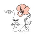 Trendy abstract one line woman face with leaves, flower and stylish lettering. Royalty Free Stock Photo