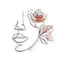 Trendy abstract one line woman face with rose flower and lettering.