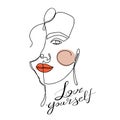 Trendy abstract one line woman face. Stylish typography slogan design `Love yourself` sign.