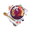 Trendy acai smoothie bowl with nuts,berries,dragon fruit, banana slices, hand drawing.Top view,Vector food Royalty Free Stock Photo