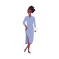 Trendy African American woman holding clutch bag vector flat illustration. Stylish young black skin businesswoman in