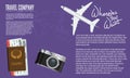 Trendy Air travel banner or advertisement poster with camera, passport airline ticket and top view airplane.