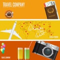 Trendy Air travel horizontal banner with camera, passport airline ticket and top view airplane.