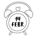 Trendy alarm o\'clock with date of 14 of February on clock face, dial.