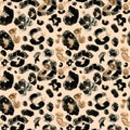 Trendy Watercolor hand painted brown leopard skin seamless pattern on beige background. Animal Exotic coat print Royalty Free Stock Photo