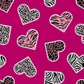Seamless pattern of animal skin in shape of heart: leopard, giraffe, tiger and zebra. Royalty Free Stock Photo