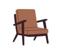 Trendy armchair design in retro mid-century 60s style. Arm chair with wood base and armrests, upholstered pads. Cozy