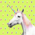 Trendy art collage. Beautiful unicorn on color background