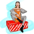 trendy art illustration sketch fashionable joyful girl with gifts