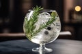 A trendy, artisanal gin and tonic, served in a large, balloon glass with a variety of botanical garnishes, such as cucumber,