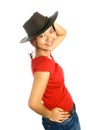 Trendy Asian female in leather hat