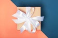 Attractive gift on the coral and blue background