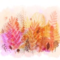 Trendy autumn exotic leaves watercolor background. Vector botanical illustration, Great design element for