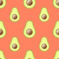 Trendy avocado seamless pattern on coral background in summer style. Cute, minimalist, simple.