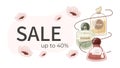 Trendy vector background, advertising Sale banner template. Elegant cartoon women perfume bottles, packaging or flyer