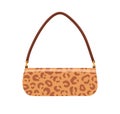 Trendy baguette bag with leopard print. Fashion women clutch with animal pattern and shoulder strap. Small mini glossy