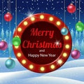 Trendy 2020 banner with round red sign and hanging christmas colorful balls on a winter background. Easy design element. With Royalty Free Stock Photo