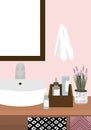 Trendy bathroom interior. Mirror, sink, mixer tap, flower, towel, cream, boxes.